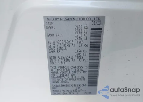 2013 Nissan Pathfinder Sv из США, поврежденный, VIN 5N1AR2MN3DC662604